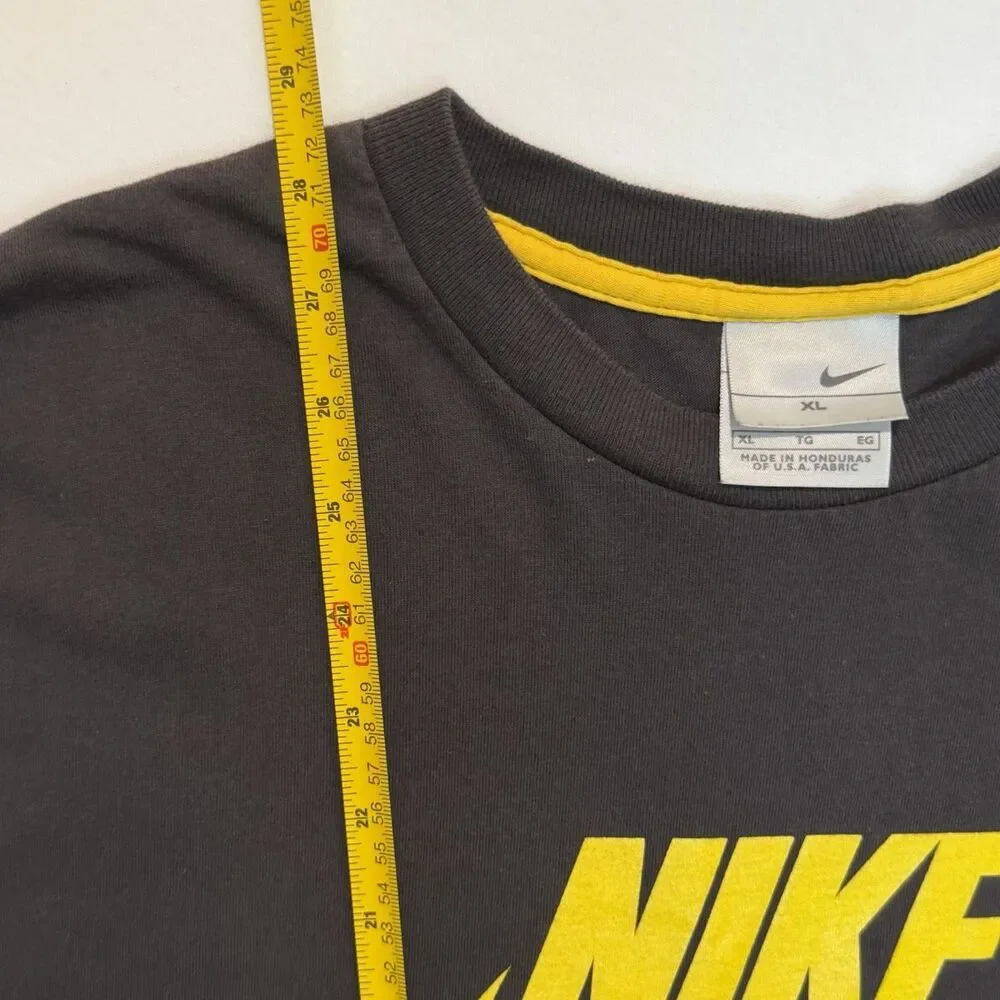 Vintage Y2K Nike Spell Out Center Swoosh Grey Yellow Graphic Shirt Men’s Sz XL